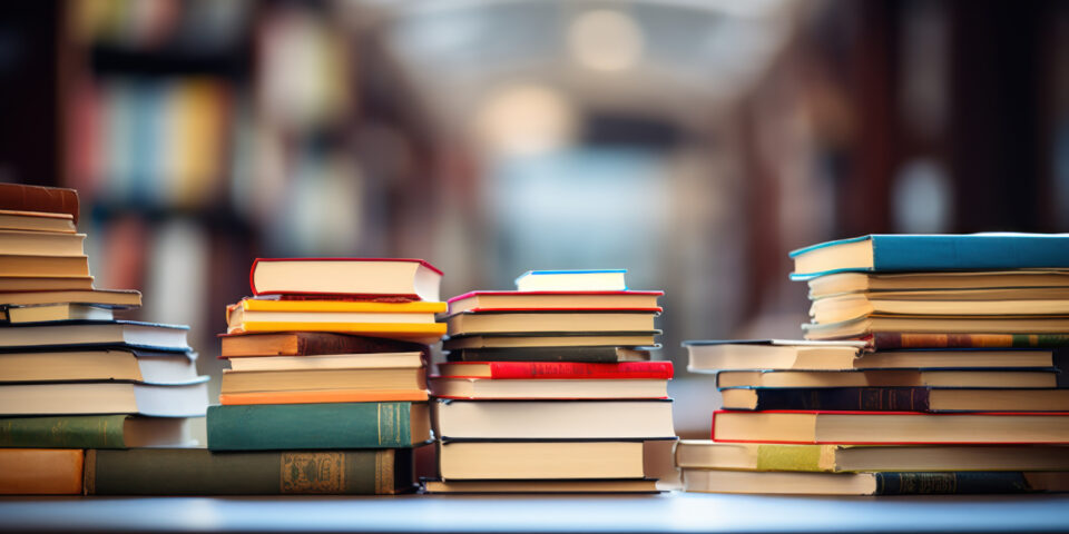 stacks of book on a table at the library