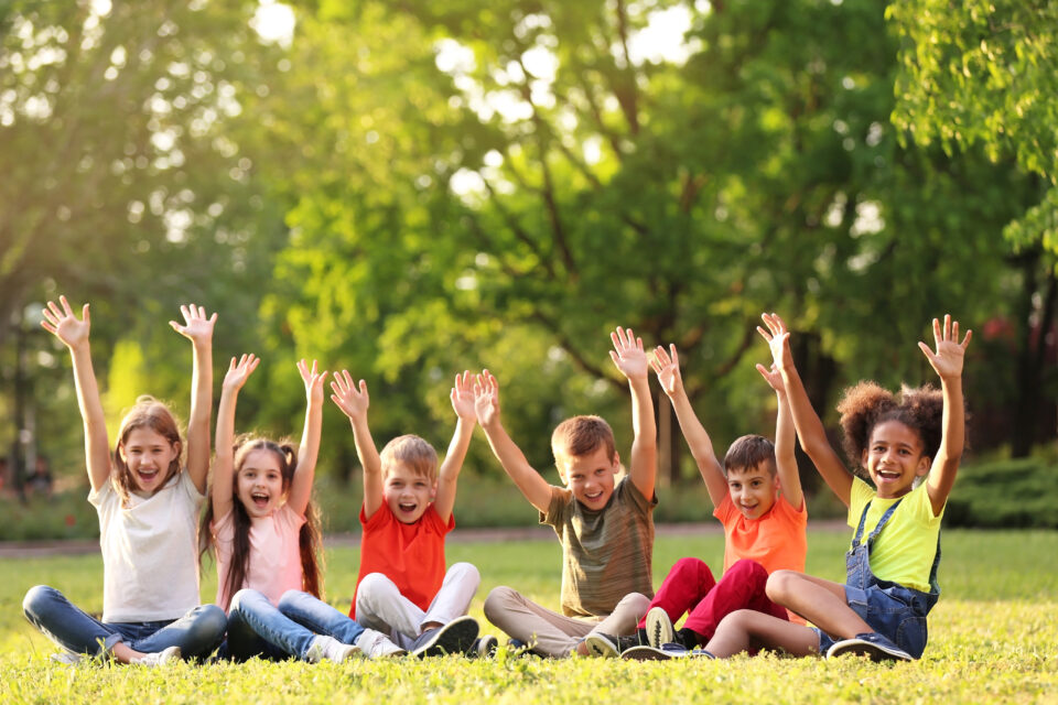 children sitting together in a field with their hands raised at day camp