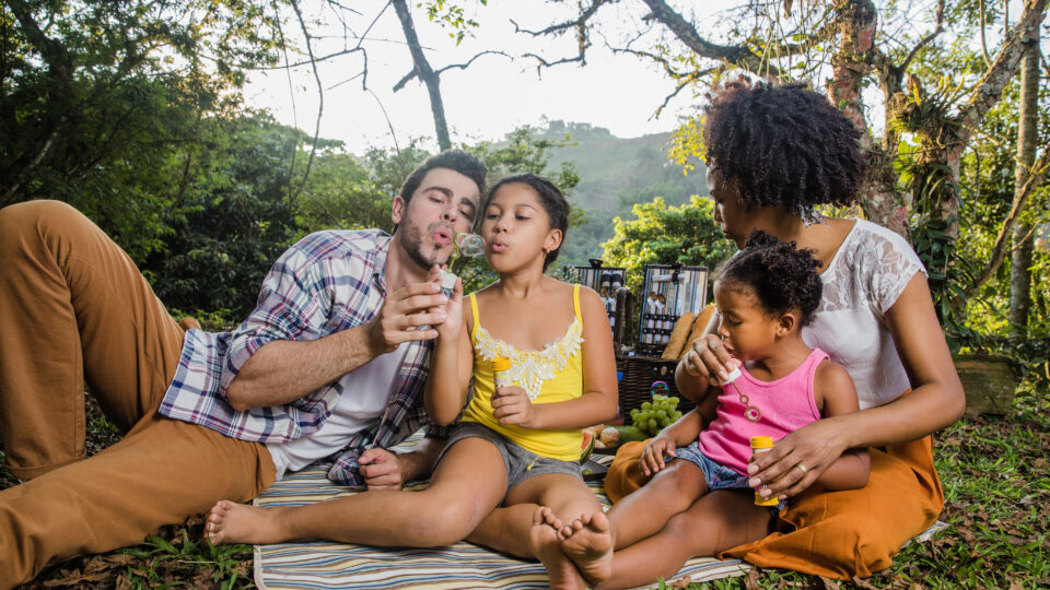 joyful family picnic blowing bubbles in the countryside