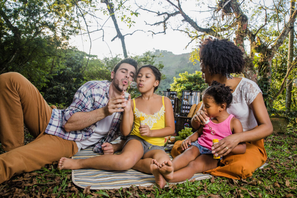 joyful family picnic blowing bubbles in the countryside